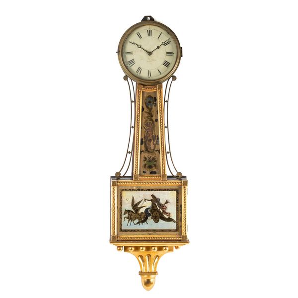 AN AMERICAN GILTWOOD MAHOGANY AND VERRE ÉGLIOMISÉ BANJO WALL TIMEPIECE