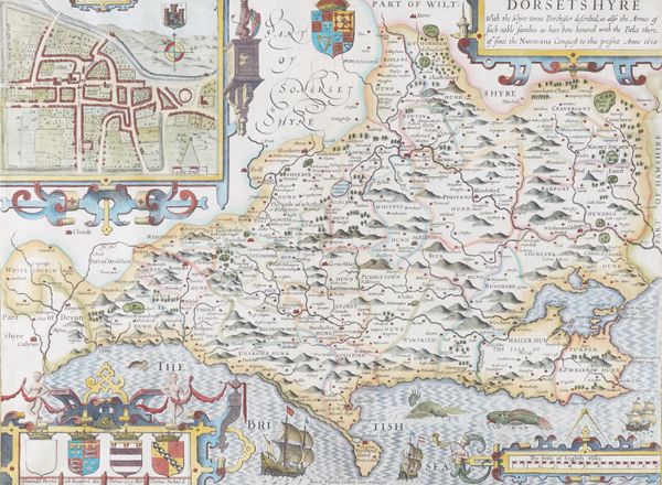 SPEED, John (1552-1629). Dorsetshyre, [London: 1611 or later], hand-coloured engraved map of Dorset, baroque cartouches, inset bird's-eye-view of Dorchester, sea monsters and galleons, 380 x 510mm., framed and glazed. A FINE COPY.