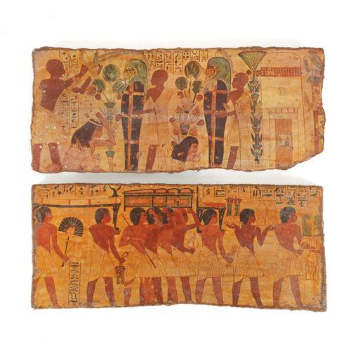 TWO ANCIENT EGYPTIAN STYLE POLYCHROME PANELS AND A BRONZE OF THE GODDESS ISIS TOGETHER WITH OTHER ITEMS (7)