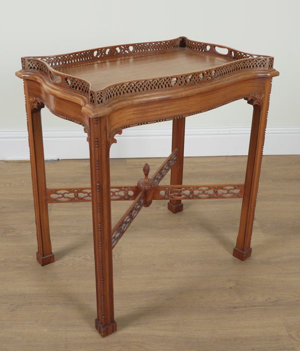 AN 18TH CENTURY STYLE MAHOGANY PIERCED FRET CUT GALLERIED SIDE TABLE