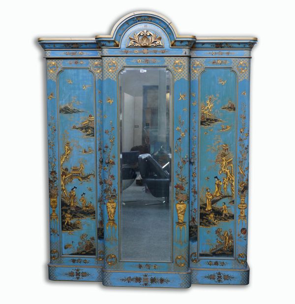 A VICTORIAN LATER BLUE CHINOISERIE DECORATED TRIPLE WARDROBE