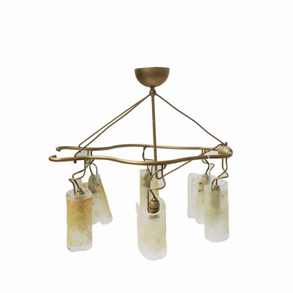 THREE BRASS AND OPAQUE GLASS MOUNTED HANGING LIGHTS (3)