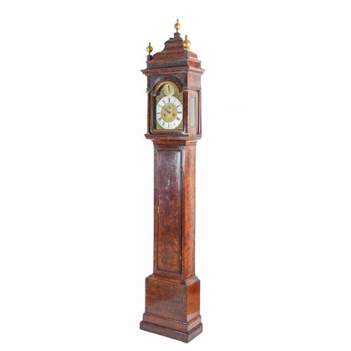 A FINE QUEEN ANNE BURR-WALNUT MONTH-GOING STRIKING LONGCASE CLOCK