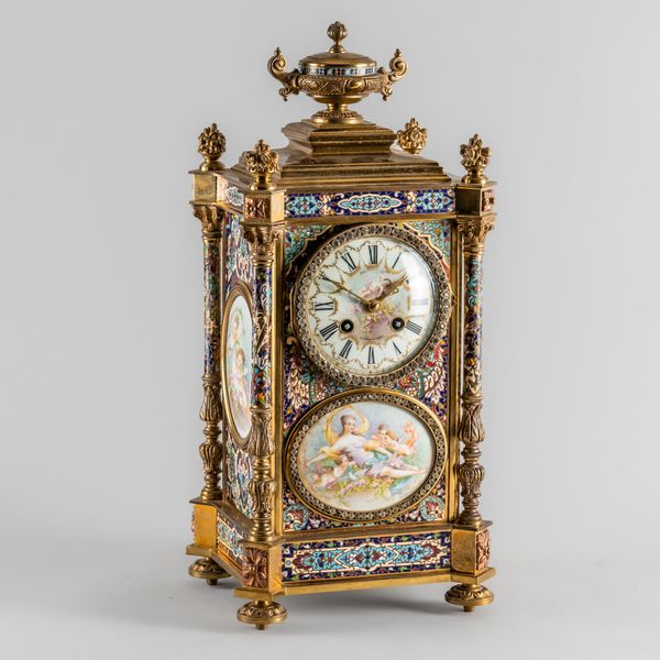 A FRENCH GILT BRASS, CLOISONNÉ ENAMEL, PORCELAIN-MOUNTED AND PASTE-SET MANTEL CLOCK