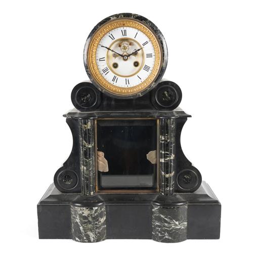 A FRENCH SLATE AND BLACK MARBLE TEMPLE FORM MANTEL CLOCK