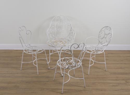 A WHITE PAINTED WIRE WORK GARDEN SET (5)
