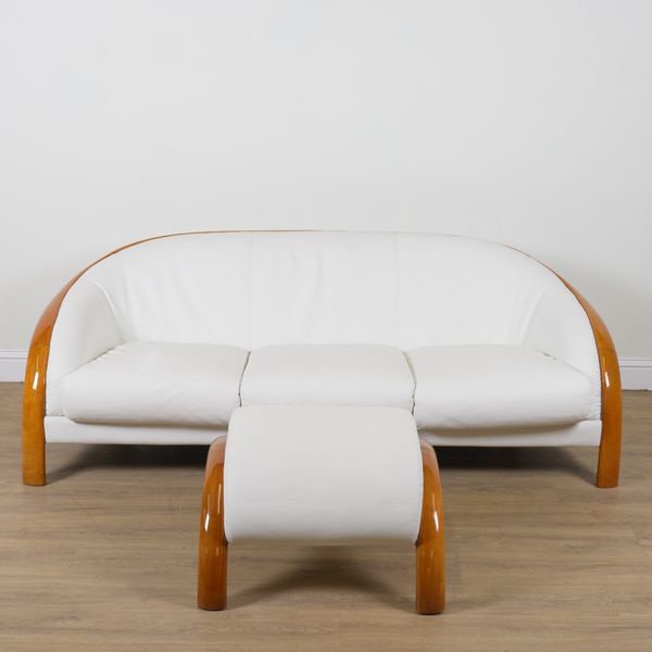NIERT, PINIFARINIA; A CHERRYWOOD AND WHITE LEATHER UPHOLSTERED THREE PIECE SUITE (5)