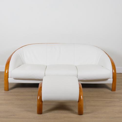 NIERT, PINIFARINIA; A CHERRYWOOD AND WHITE LEATHER UPHOLSTERED THREE PIECE SUITE (5)