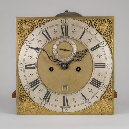 A GEORGE II 12in SQUARE BRASS DIAL LONGCASE CLOCK MOVEMENT