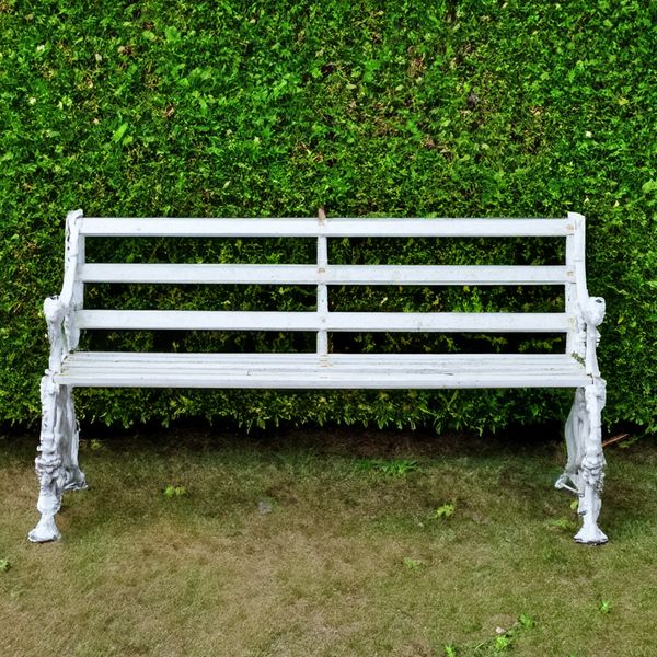 AFTER COALBROOKDALE; A HOUND AND SERPENT CAST ALUMINIUM WHITE PAINTED GARDEN BENCH