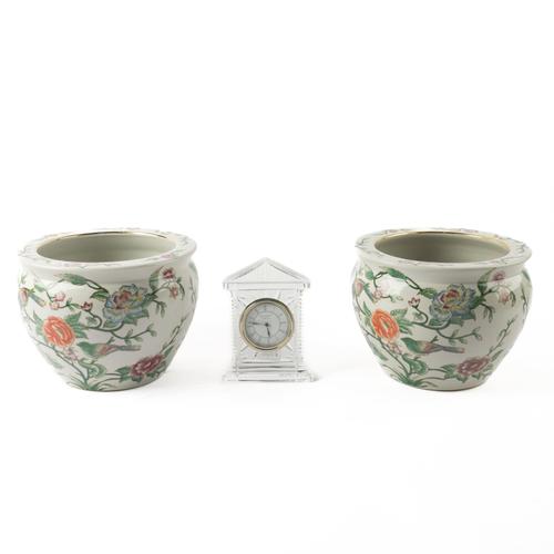 A PAIR OF CIRCULAR JARDINIERES AND A WATERFORD CRYSTAL MANTEL CLOCK (3)