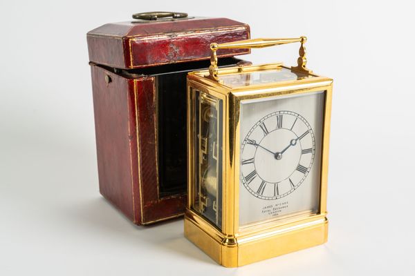 A LARGE GILT BRASS PETITE SONNERIE STRIKING AND REPEATING FUSÉE CARRIAGE CLOCK