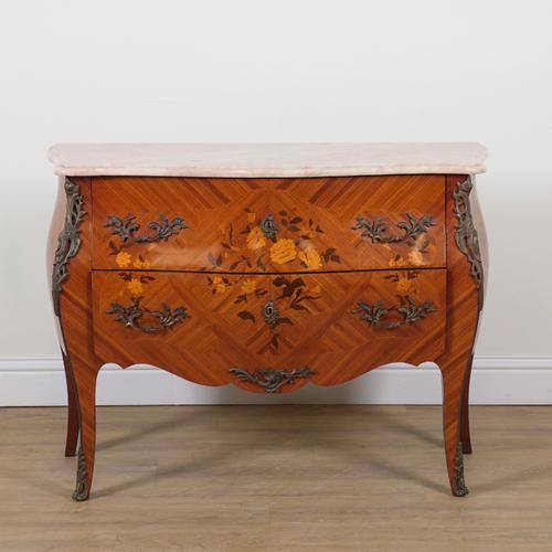 A LOUIS XV STYLE SERPENTINE MARBLE TOPPED TWO DRAWER COMMODE