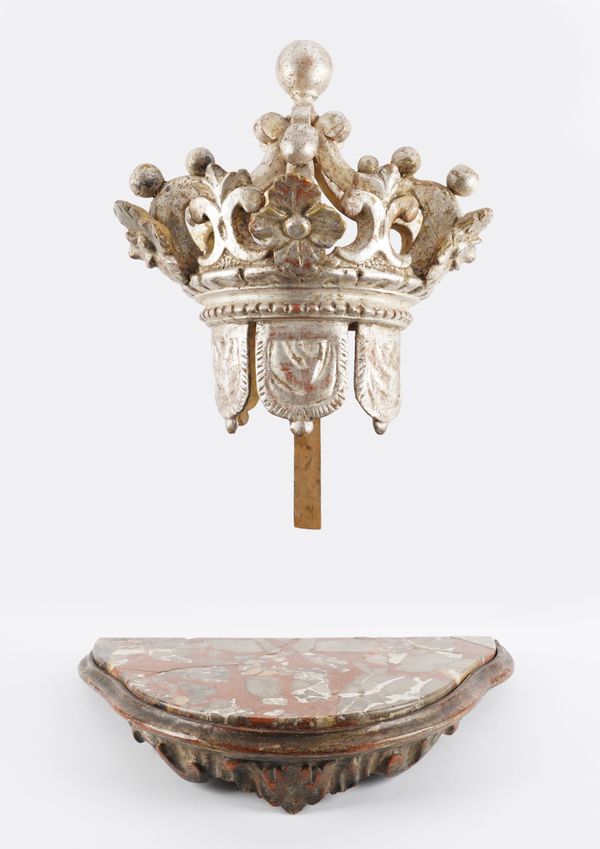 AN ITALIAN SILVERED WOOD CROWN FINIAL AND A PETITE WALL MOUNTED CONSOLE (2)