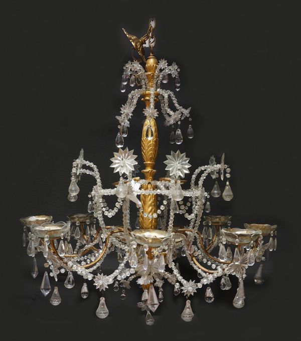 AN ORNATE GILTWOOD AND CRYSTAL EIGHT-LIGHT CHANDELIER