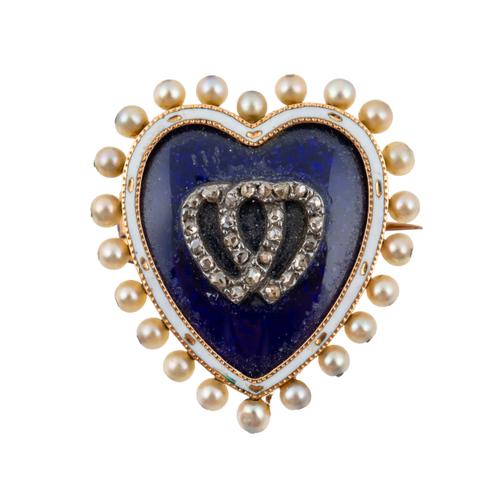 A 19TH CENTURY PEARL, DIAMOND AND ENAMEL HEART BROOCH