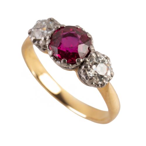 A RUBY AND DIAMOND THREE STONE RING (2)
