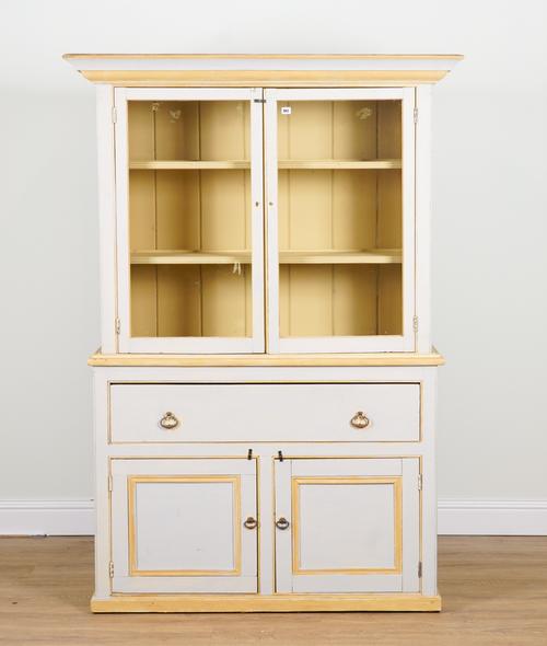 AN EARLY 20TH CENTURY GREY PAINTED PINE BOOKCASE CABINET