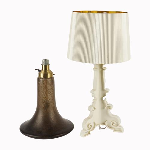 A PLASTIC ‘KARTELL’  LAMP AND A MOTTLED GLASS LAMP BASE (2)