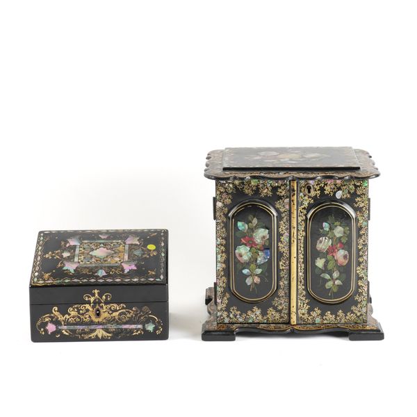 A VICTORIAN MOTHER OF PEARL INLAID FLORAL POLYCHROME PAINTED PAPIER MACHE TABLE CABINET (2)