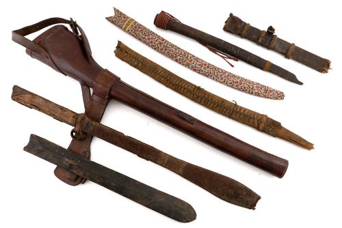 A GROUP OF SCABBARDS AND A LEATHER HOLSTER