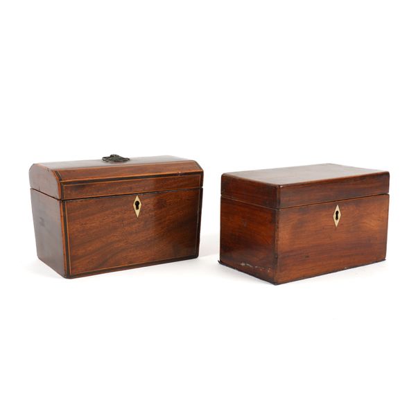 AN EARLY VICTORIAN LINE INLAID MAHOGANY SARCOPHAGUS SHAPED MAHOGANY TEA CADDY AND ANOTHER (2)