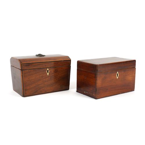 AN EARLY VICTORIAN LINE INLAID MAHOGANY SARCOPHAGUS SHAPED MAHOGANY TEA CADDY AND ANOTHER (2)