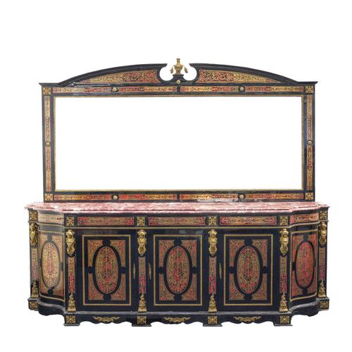 A LOUIS XV STYLE FAUX BOULLE GILT METAL MOUNTED MARBLE TOPPED MIRROR BACKED SIDEBOARD