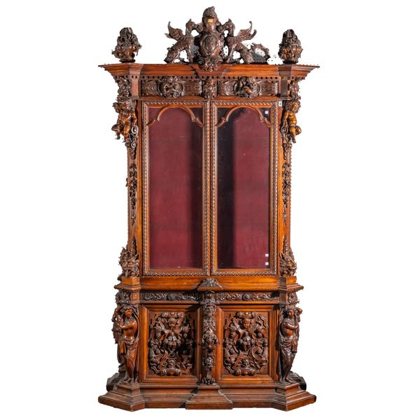 A 19TH CENTURY CONTINENTAL WALNUT DISPLAY CABINET CUPBOARD