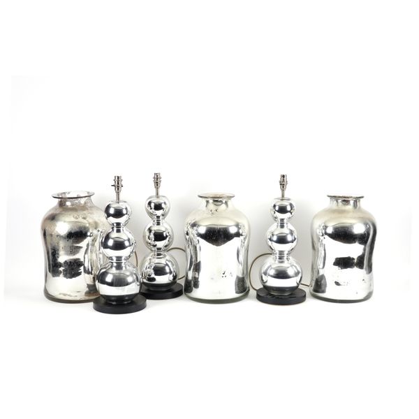 THREE LARGE SILVERED GLASS APOTHECARY STYLE JARS / VASES AND THREE BOBBIN TABLE LAMPS (6)