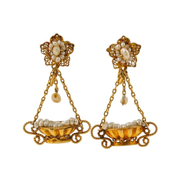 A PAIR OF 19TH CENTURY PEARL BASKET EARRINGS