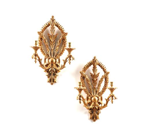 A PAIR OF ITALIAN GILTWOOD TWIN LIGHT WALL APPLIQUÉS (2)