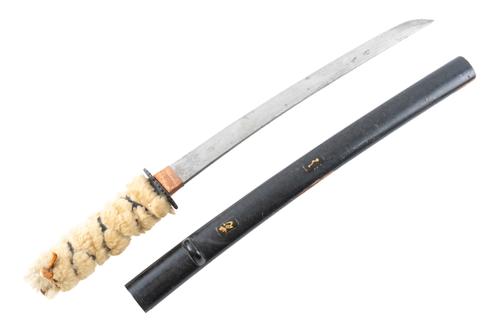 A JAPANESE WAKIZASHI WITH DECORATIVE LACQUERED SAYA AND IRON TSUBA