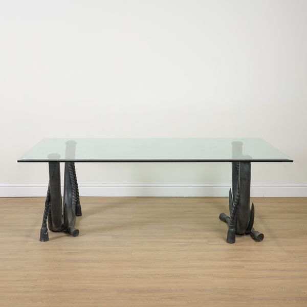 MAITLAND; A BRONZE AND GLASS RECTANGULAR DINING TABLE