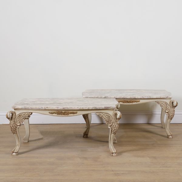 A PAIR OF REGENCY STYLE MARBLE TOPPED COFFEE TABLES (2)
