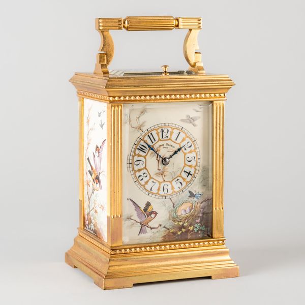 A FRENCH GILT BRASS AND PORCELAIN TRIPLE-PANELLED STRIKING AND REPEATING LEVER CARRIAGE CLOCK