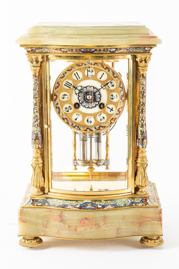 A FRENCH ORMOLU CLOISONNÉ ENAMEL AND ONYX FOUR-GLASS MANTEL CLOCK