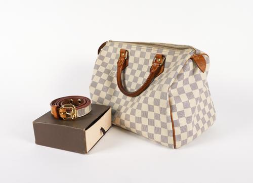 LOUIS VUITTON: A DAMIER AZUR CANVAS SPEEDY HANDBAG AND A BELT (2)