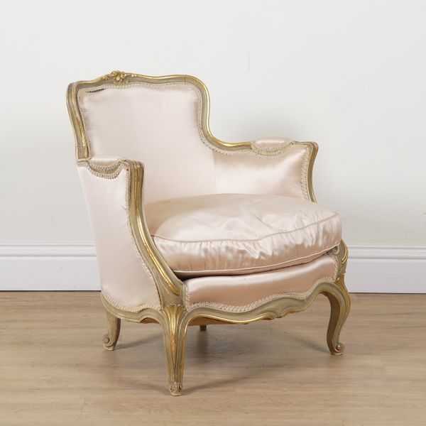 A LOUIS XV STYLE PARCEL GILT GREEN PAINTED TUB CHAIR