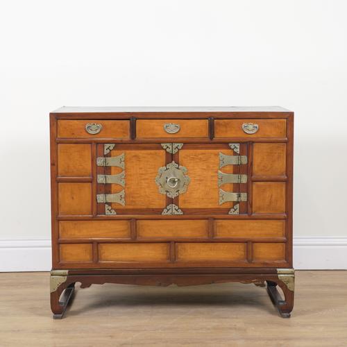 AN EARLY 20TH CENTURY KOREAN MORIJANG ELM AND FRUITWOOD CABINET ON STAND