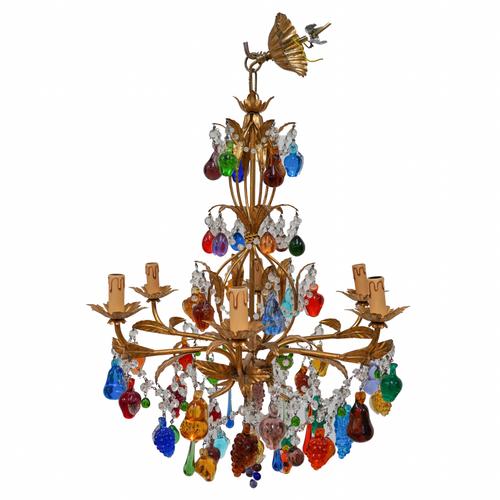 AN ITALIAN GILT-TOLE AND GLASS MOUNTED ‘TUTTI FRUITI’ SIX LIGHT CHANDELIER