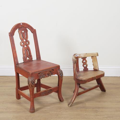 A 19TH CENTURY STAINED PINE AND ELM CHILDS CORNER CHAIR (2)