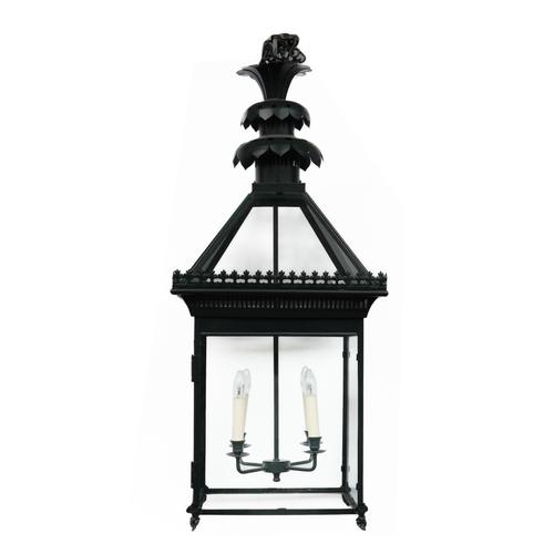 A REGENCY STYLE  DARK GREEN PAINTED METAL HANGING LANTERN