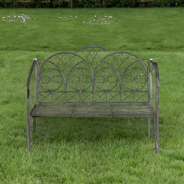 A BLACK PAINTED STRAP AND WROUGHT IRON GARDEN BENCH