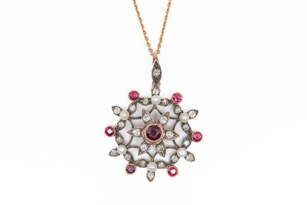 A RUBY, DIAMOND AND CULTURED PEARL PENDANT NECKLACE