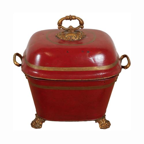 A LATE VICTORIAN RED TOLE PEINTE OR JAPANNED COAL SCUTTLE OR PURDONIUM (5)