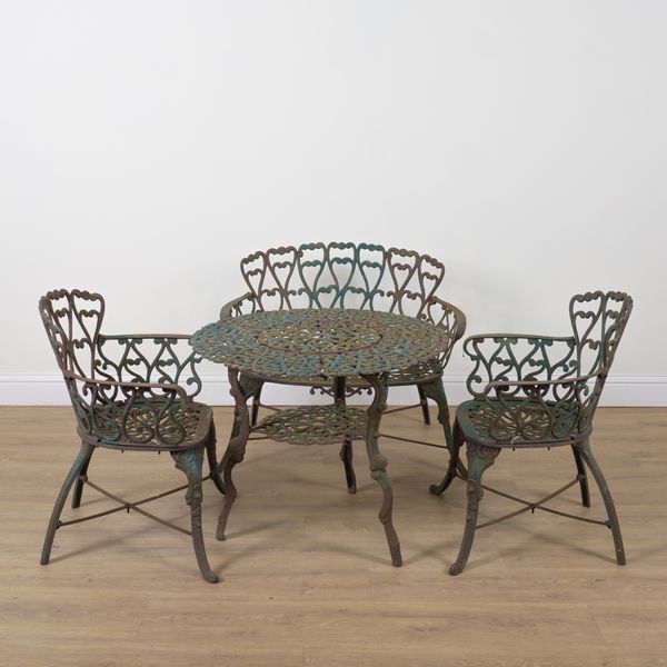 A SUITE OF GREEN PAINTED CAST IRON GARDEN FURNITURE (4)
