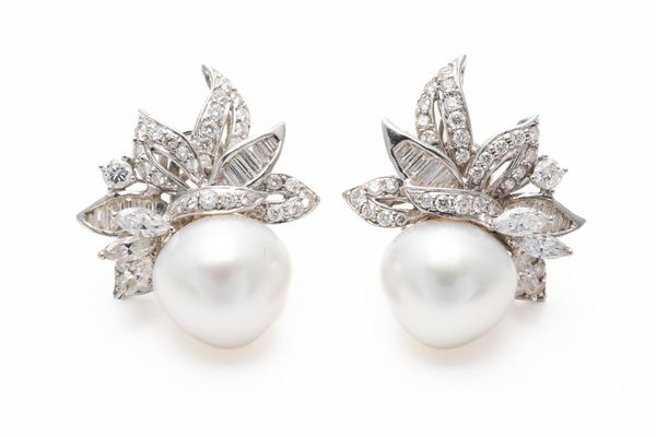 A PAIR OF WHITE GOLD, CULTURED PEARL AND DIAMOND EARRINGS (3)