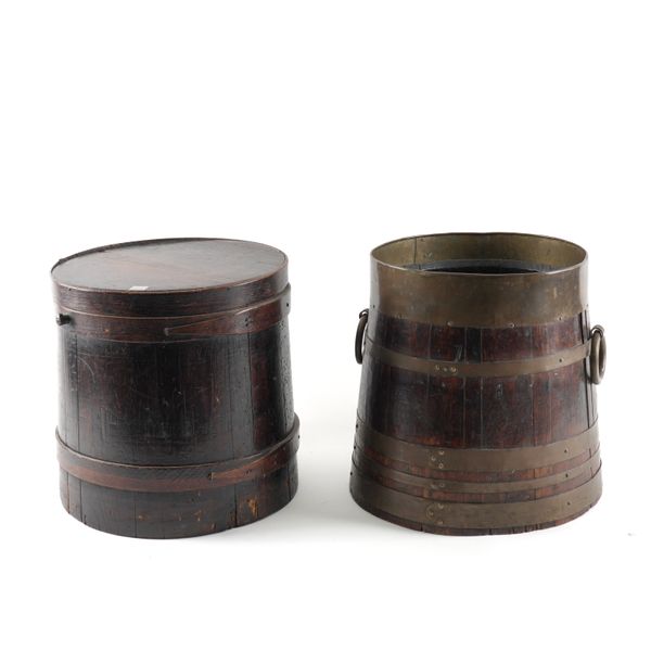 A 19TH CENTURY BRASS BOUND COOPER MADE BUCKET (2)