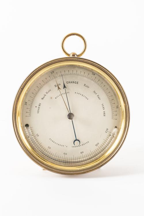 A FRENCH BRASS DRUM-SHAPED ANEROID HOLOSTERIC BAROMETER